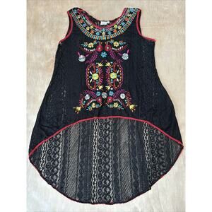 Marca by Noel Nelly Black Boho Embroidered Long Tunic Beach Top Women 38”
